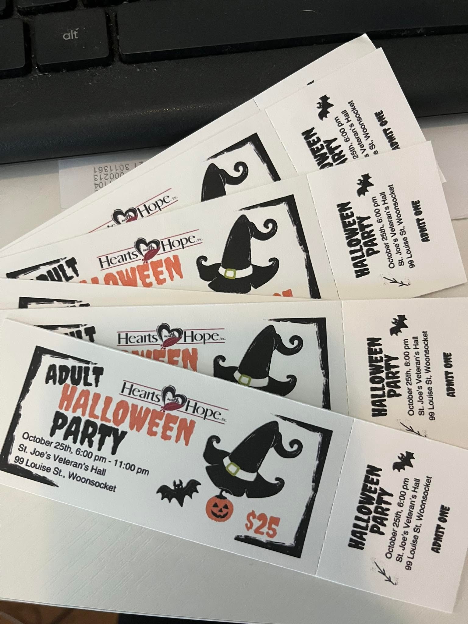 Printed tickets for the Hearts with Hope Adult Halloween Party event